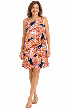 J Jill Petite Rayon Pink Print Above Knee Sleeveless Summer Dress Ruffle sz L P